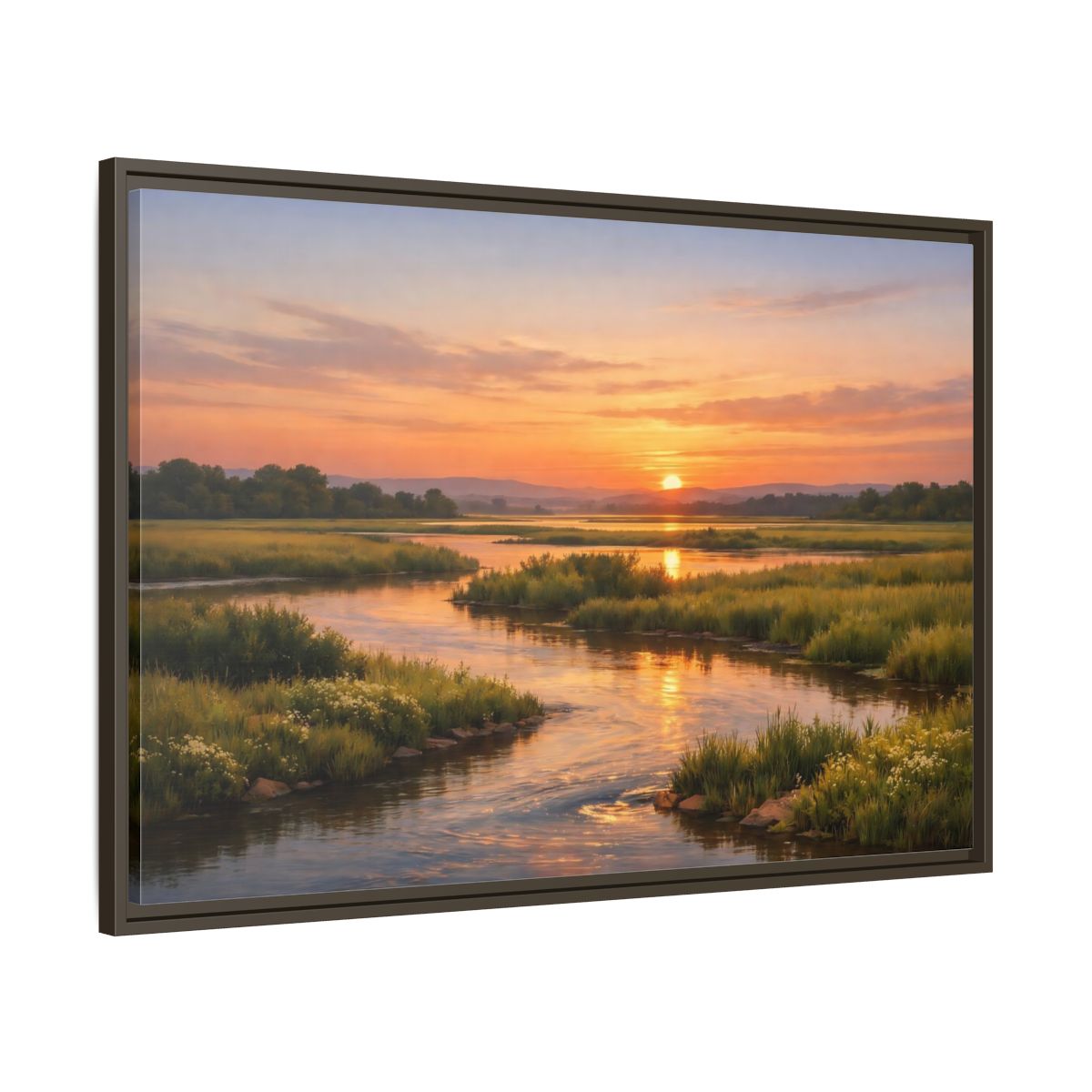Main Mockup. Nature River Orange And Green shown as stretched canvas wall art