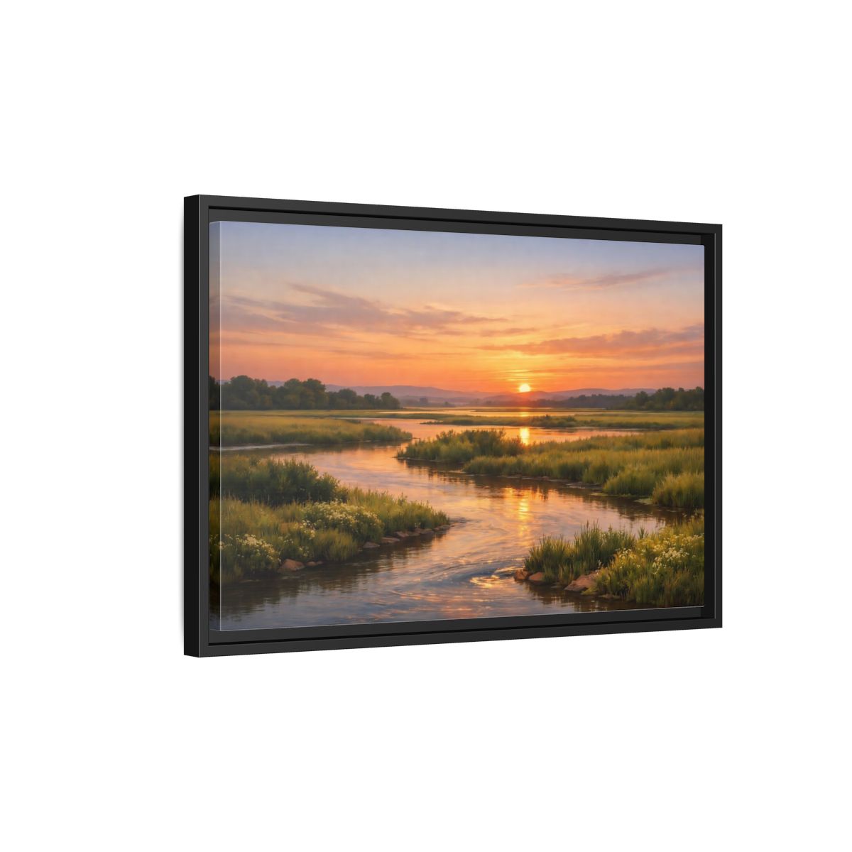 Side Mockup 3. Nature River Orange And Green shown as stretched canvas wall art