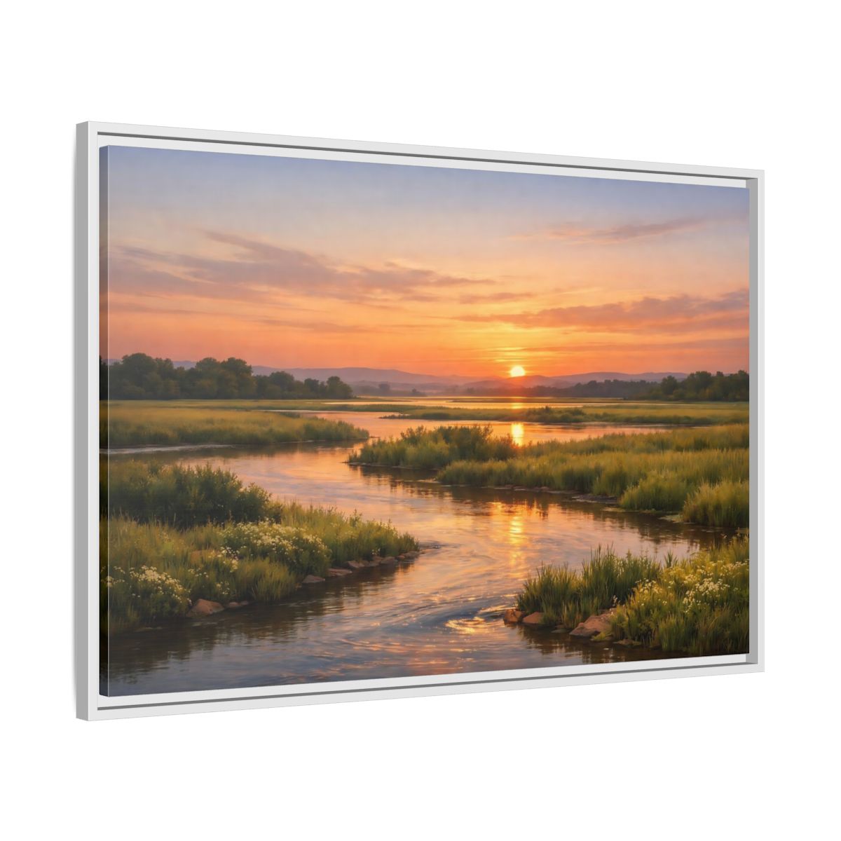 Side Mockup 9. Nature River Orange And Green shown as stretched canvas wall art