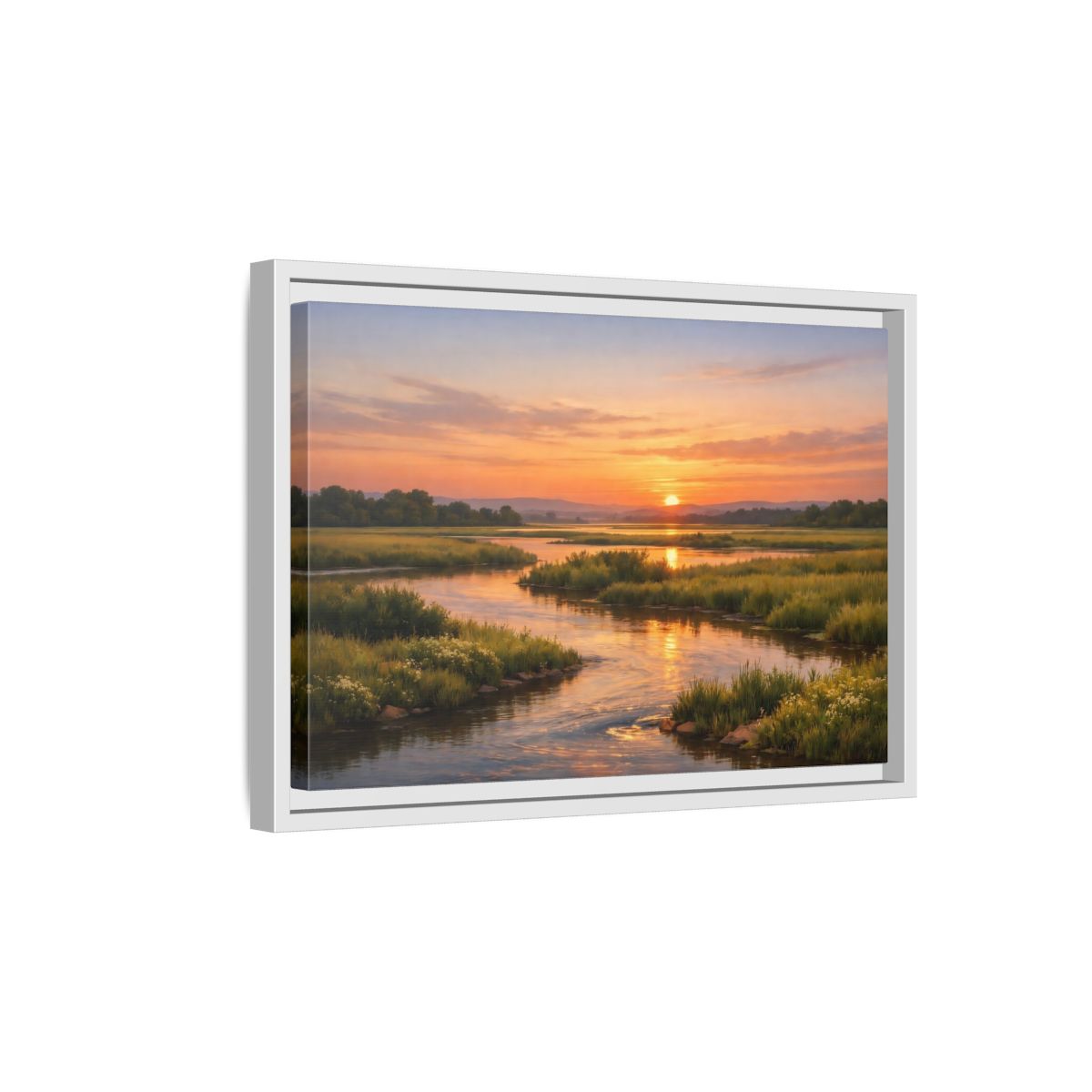 Side Mockup 4. Nature River Orange And Green shown as stretched canvas wall art