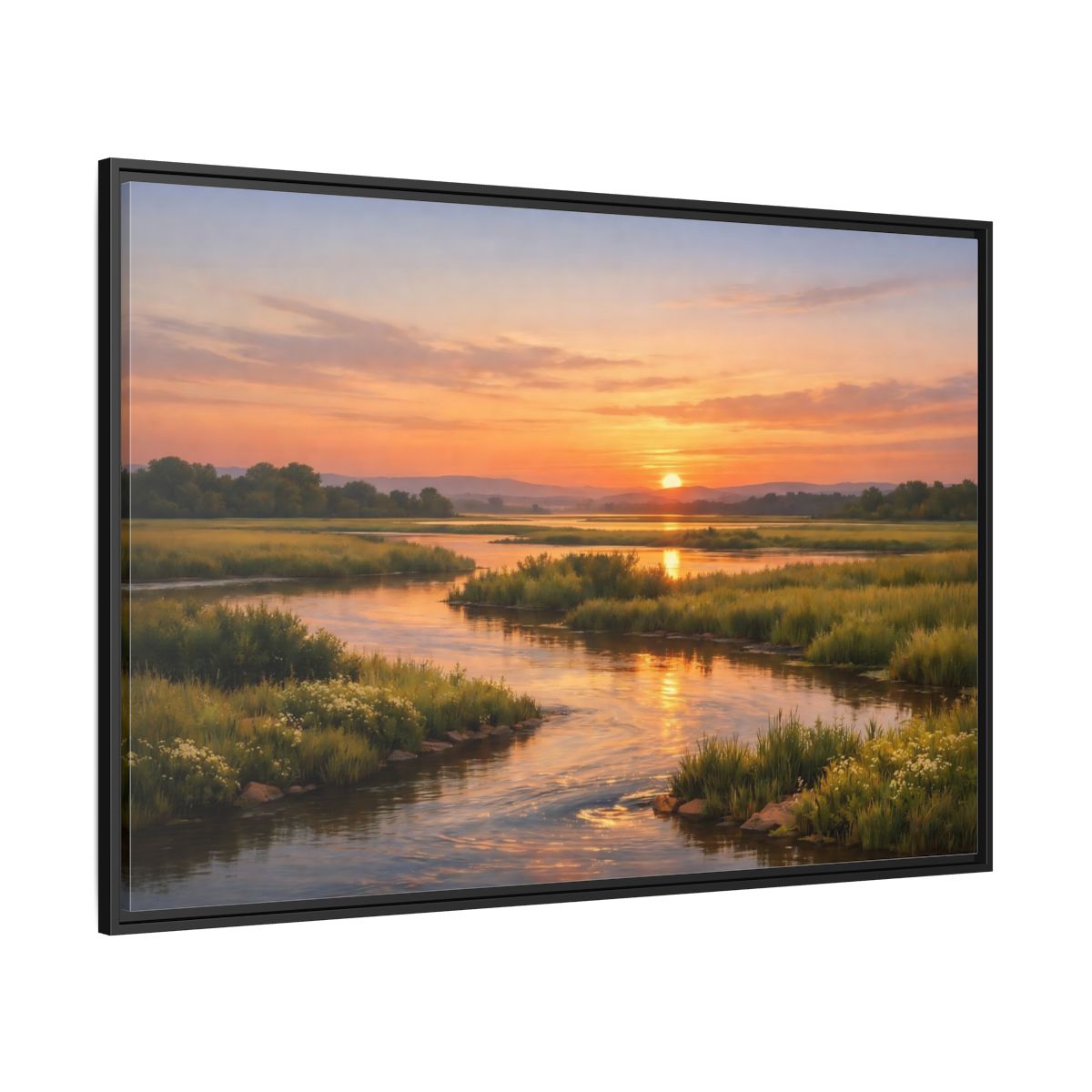 Side Mockup 12. Nature River Orange And Green shown as stretched canvas wall art