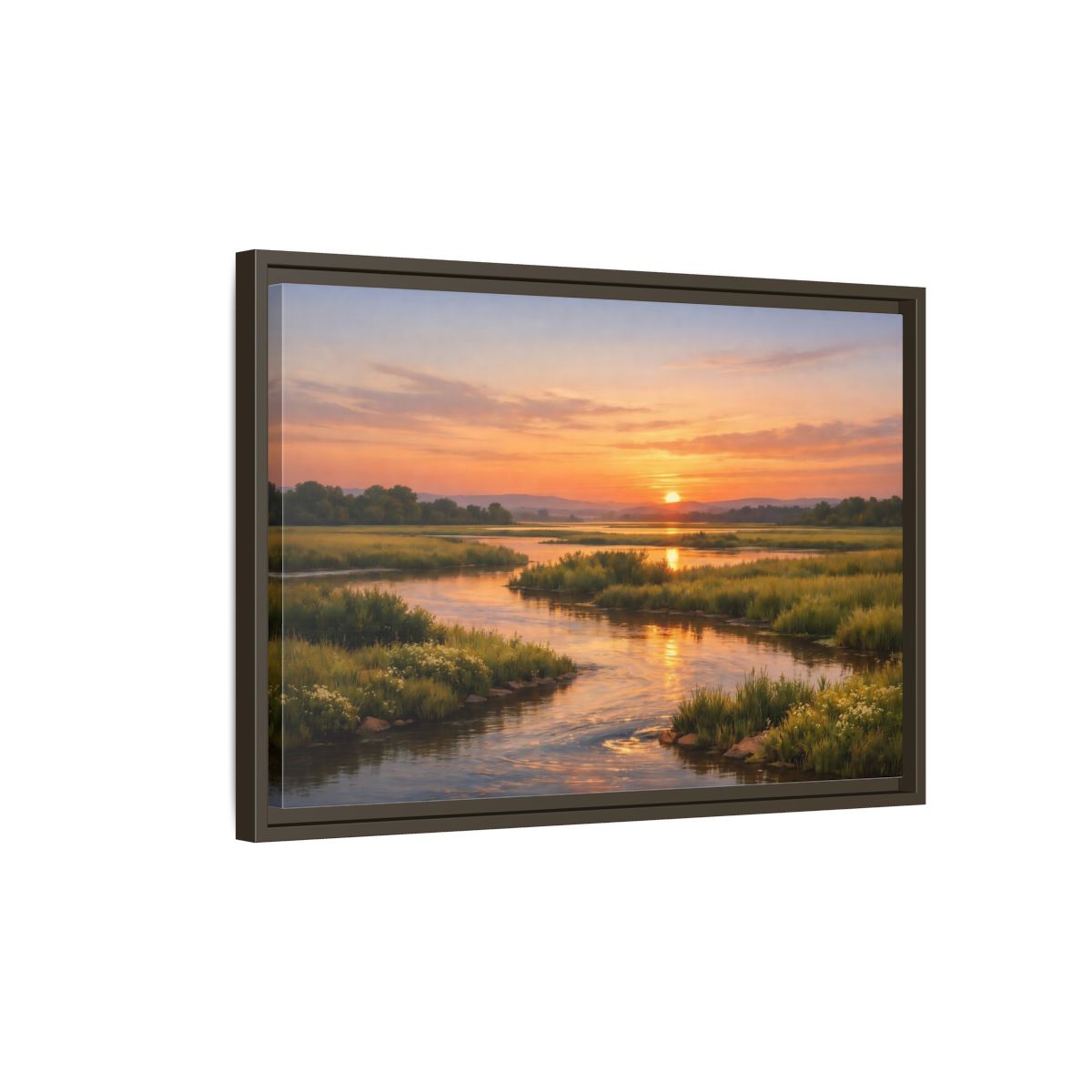 Side Mockup 2. Nature River Orange And Green shown as stretched canvas wall art