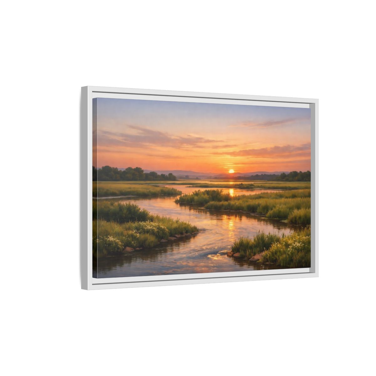 Side Mockup 1. Nature River Orange And Green shown as stretched canvas wall art