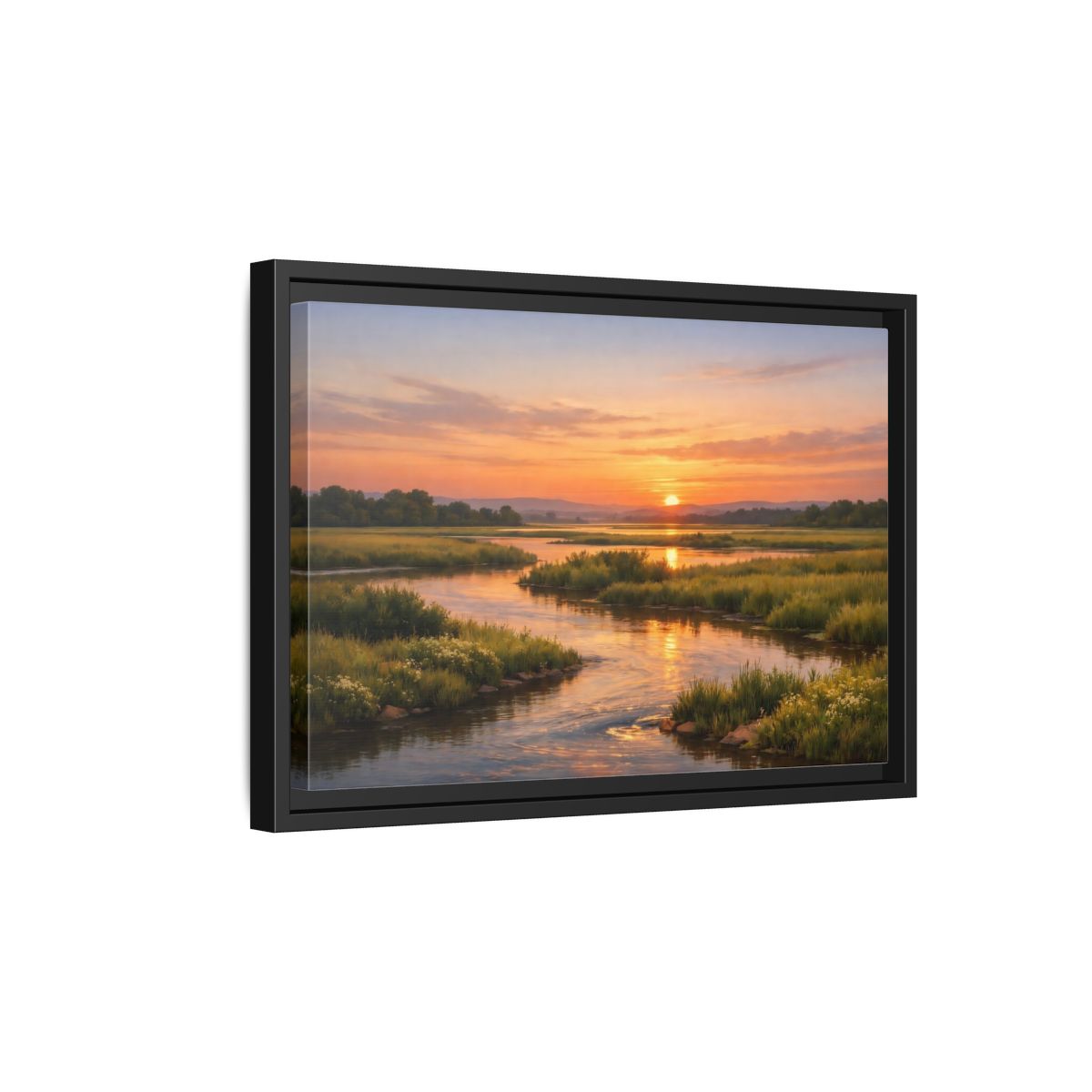 Side Mockup 6. Nature River Orange And Green shown as stretched canvas wall art