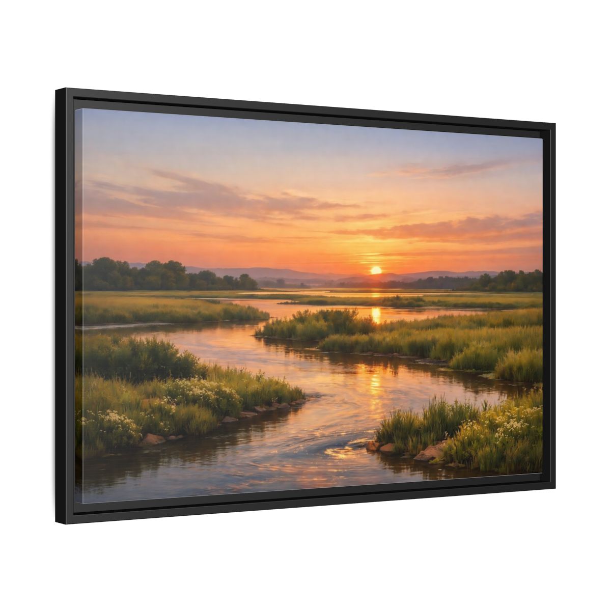Side Mockup 14. Nature River Orange And Green shown as stretched canvas wall art