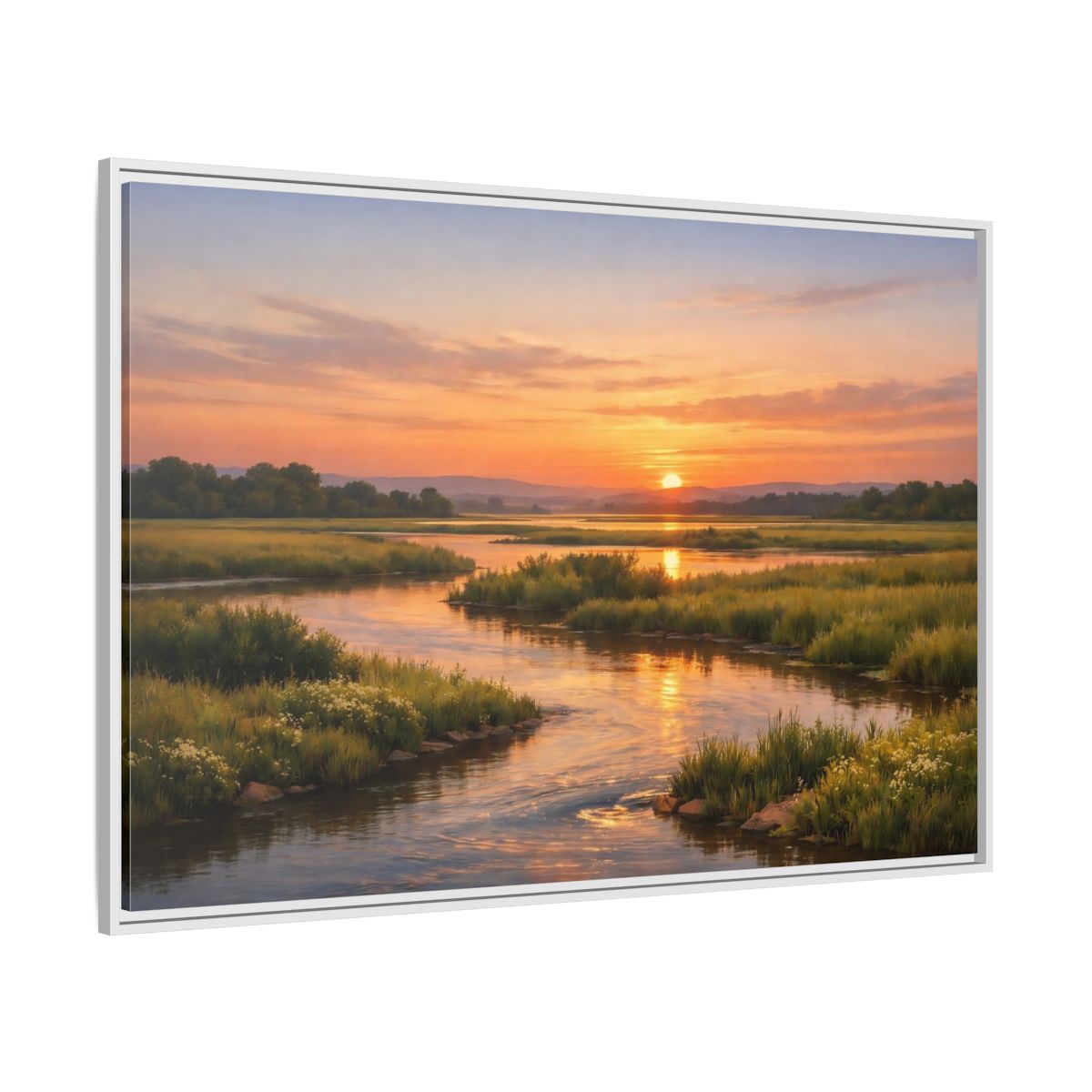 Side Mockup 7. Nature River Orange And Green shown as stretched canvas wall art