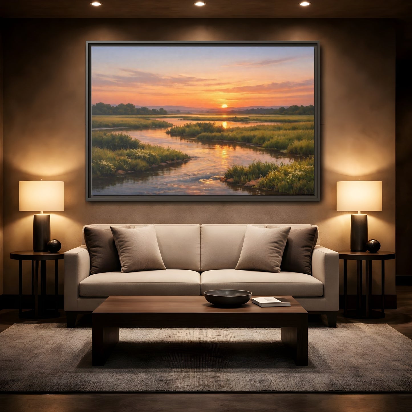 Mockup 2. Nature River Orange And Green shown as stretched canvas wall art