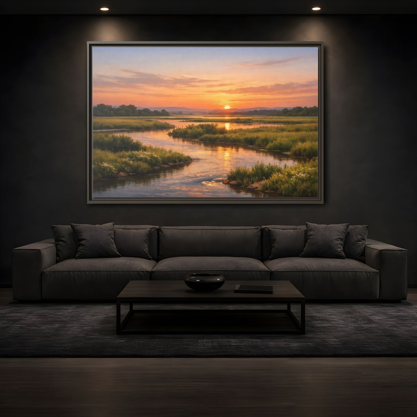 Mockup 3. Nature River Orange And Green shown as stretched canvas wall art