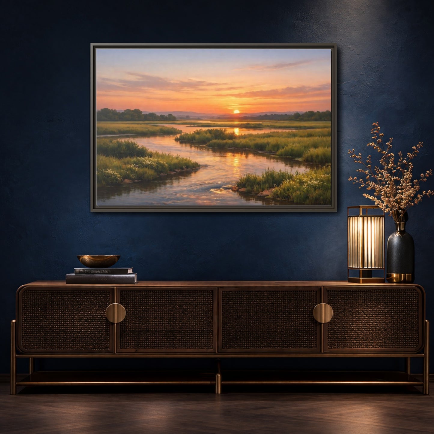Mockup 4. Nature River Orange And Green shown as stretched canvas wall art