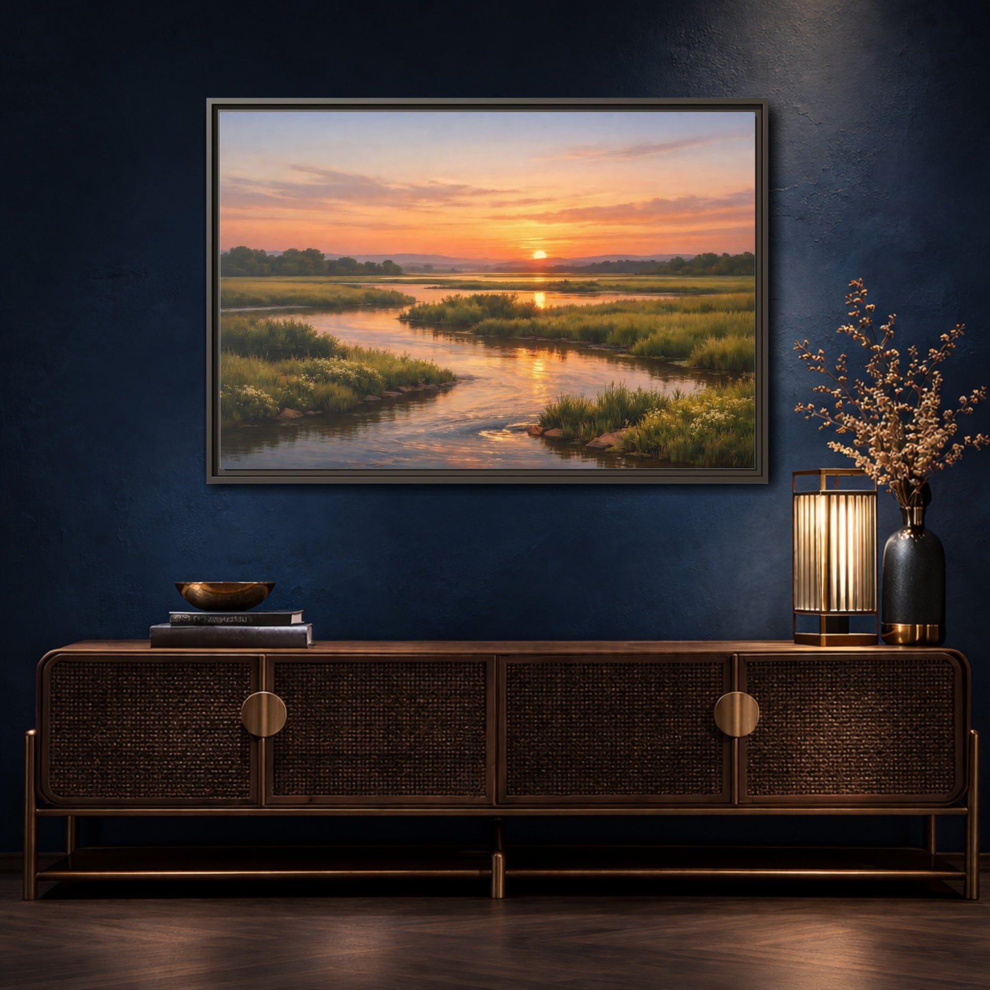 Mockup 4. Nature River Orange And Green shown as stretched canvas wall art