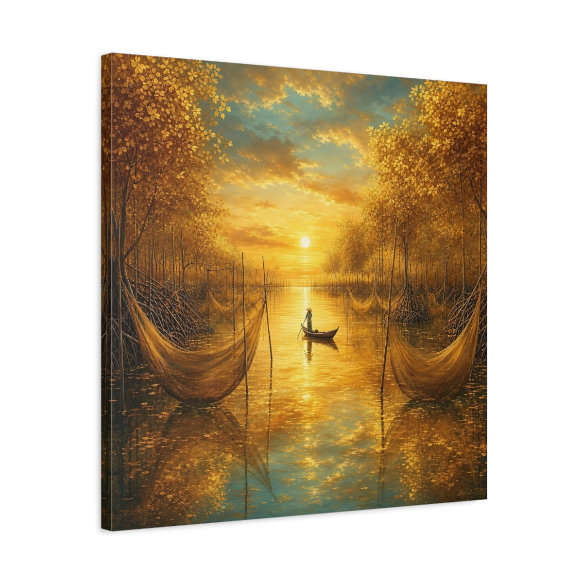 Side Mockup 4. Nature River Scene Golden River Landscape shown as stretched canvas wall art