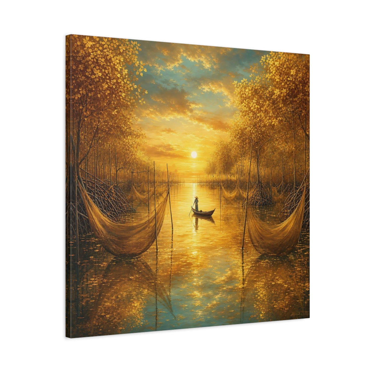 Side Mockup 3. Nature River Scene Golden River Landscape shown as stretched canvas wall art