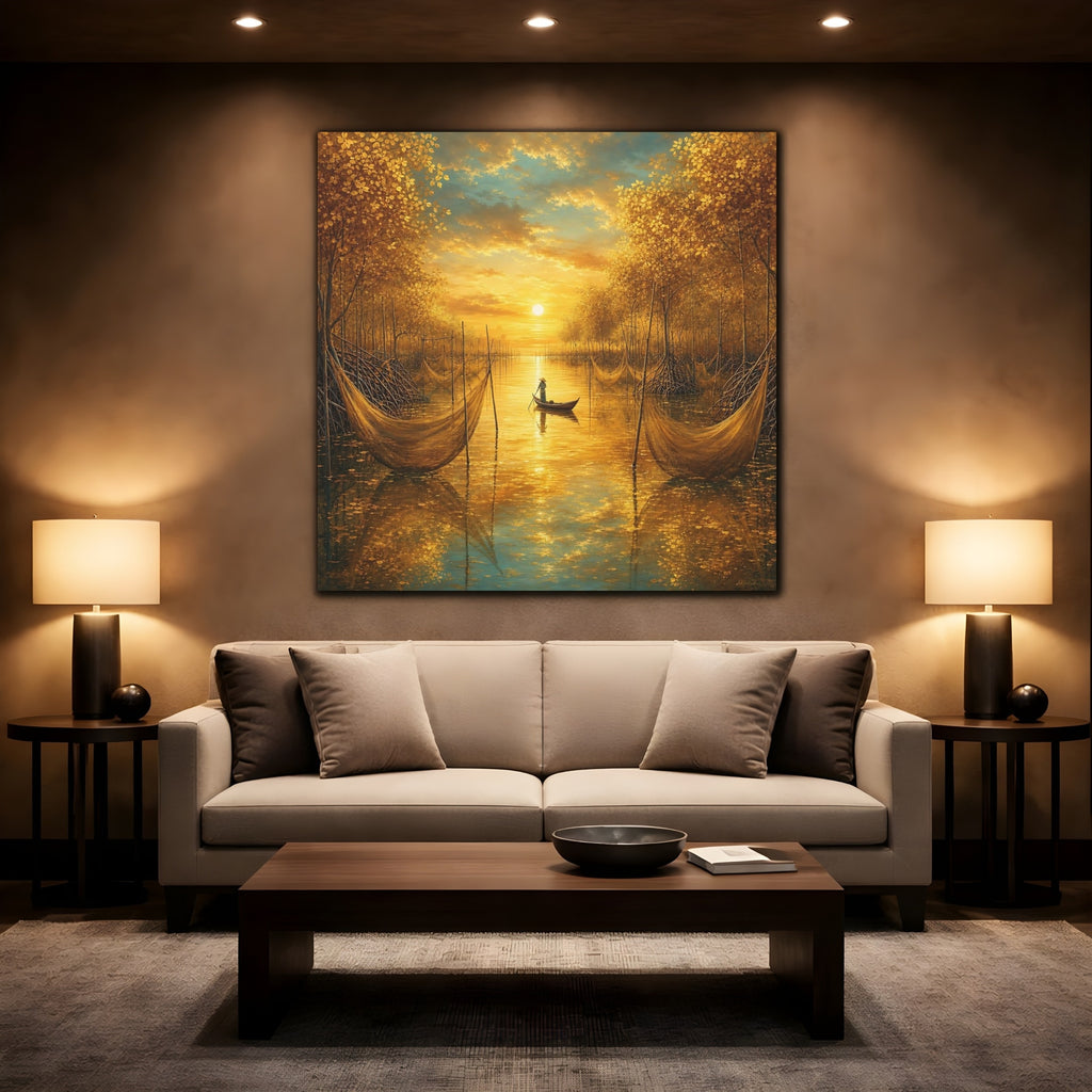 Mockup 2. Nature River Scene Golden River Landscape shown as stretched canvas wall art