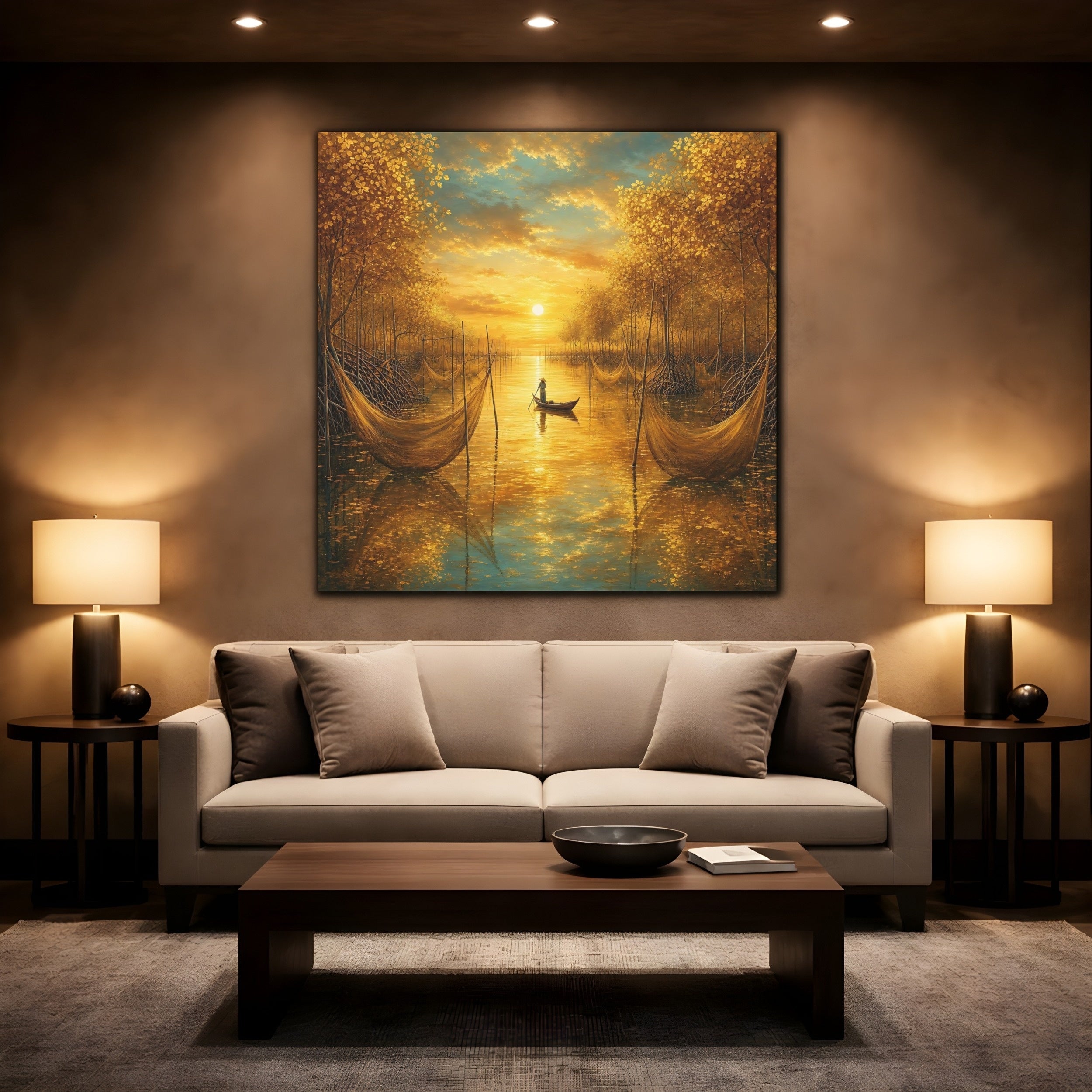 Mockup 2. Nature River Scene Golden River Landscape shown as stretched canvas wall art