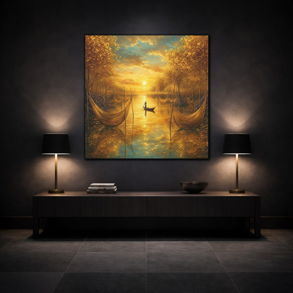 Mockup 3. Nature River Scene Golden River Landscape shown as stretched canvas wall art