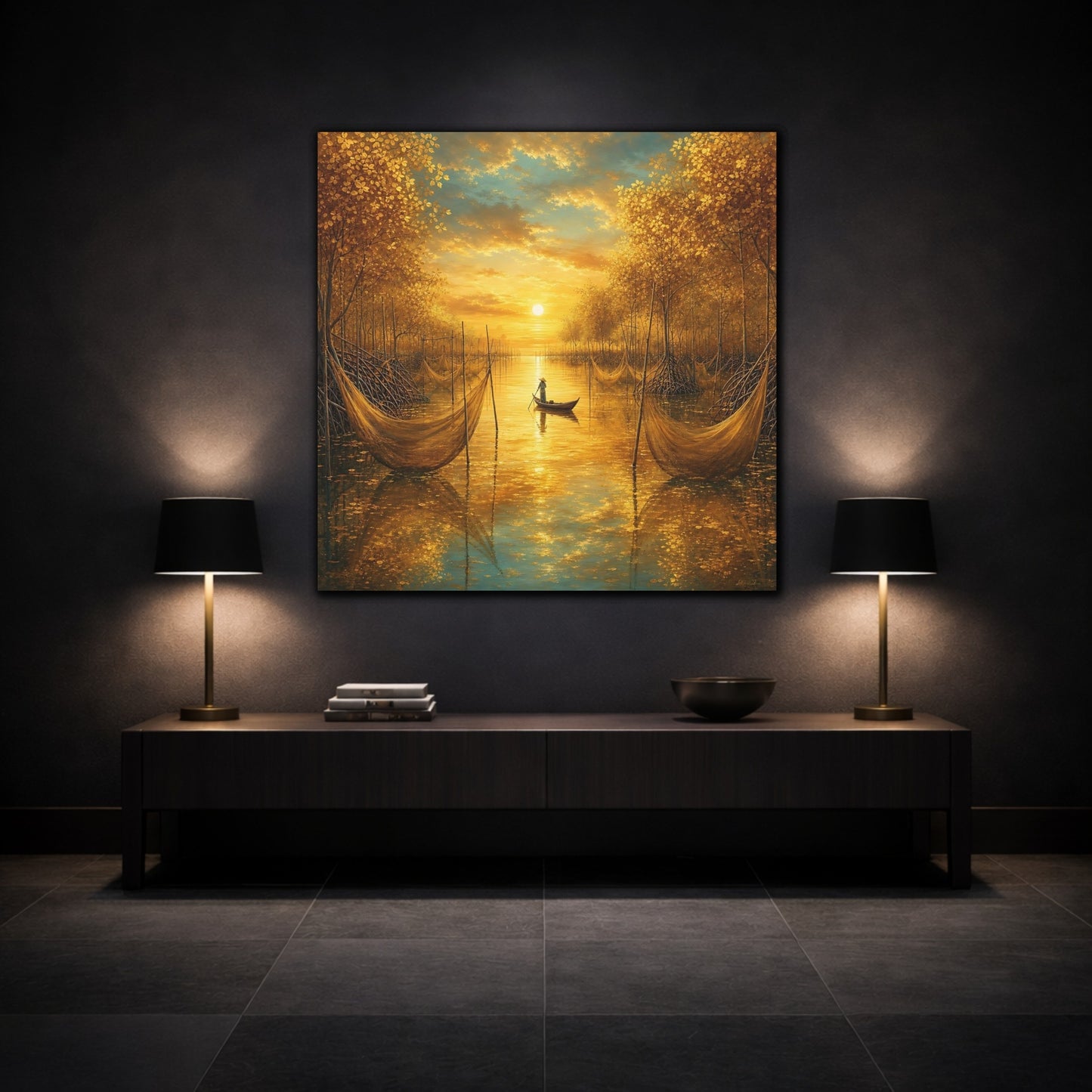 Mockup 3. Nature River Scene Golden River Landscape shown as stretched canvas wall art