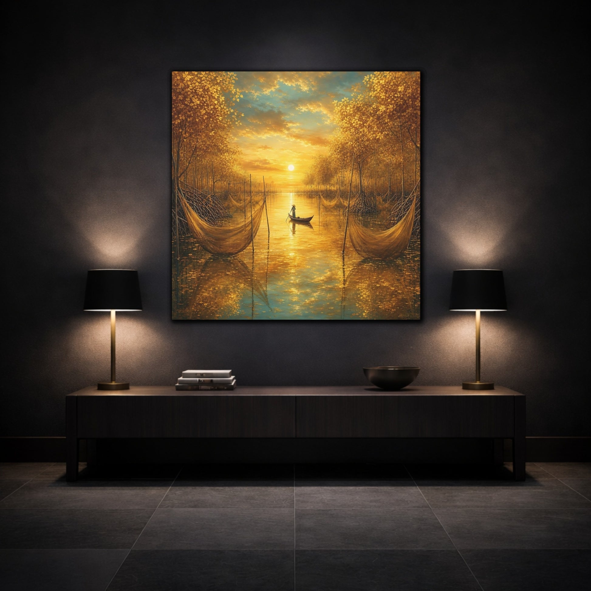 Mockup 3. Nature River Scene Golden River Landscape shown as stretched canvas wall art