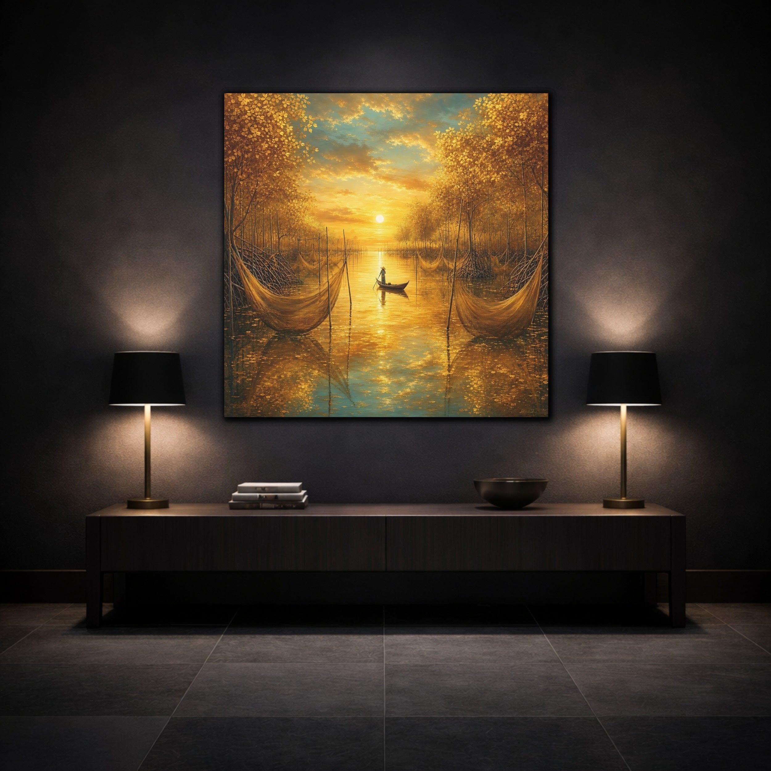 Mockup 3. Nature River Scene Golden River Landscape shown as stretched canvas wall art