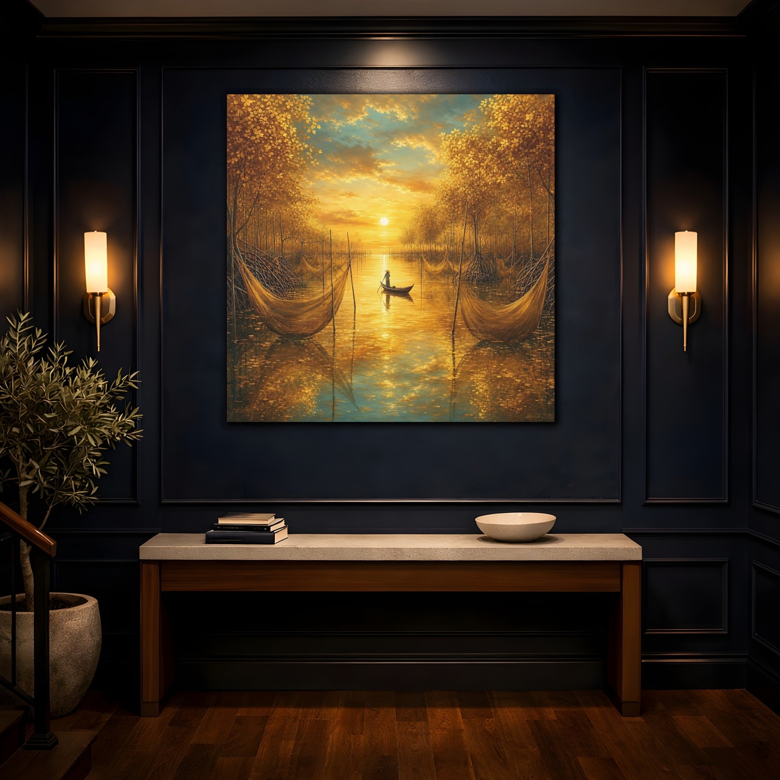 Mockup 4. Nature River Scene Golden River Landscape shown as stretched canvas wall art