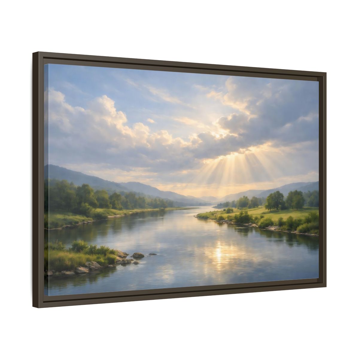Side Mockup 11. Nature River Valley Blue And Gold Landscape shown as stretched canvas wall art
