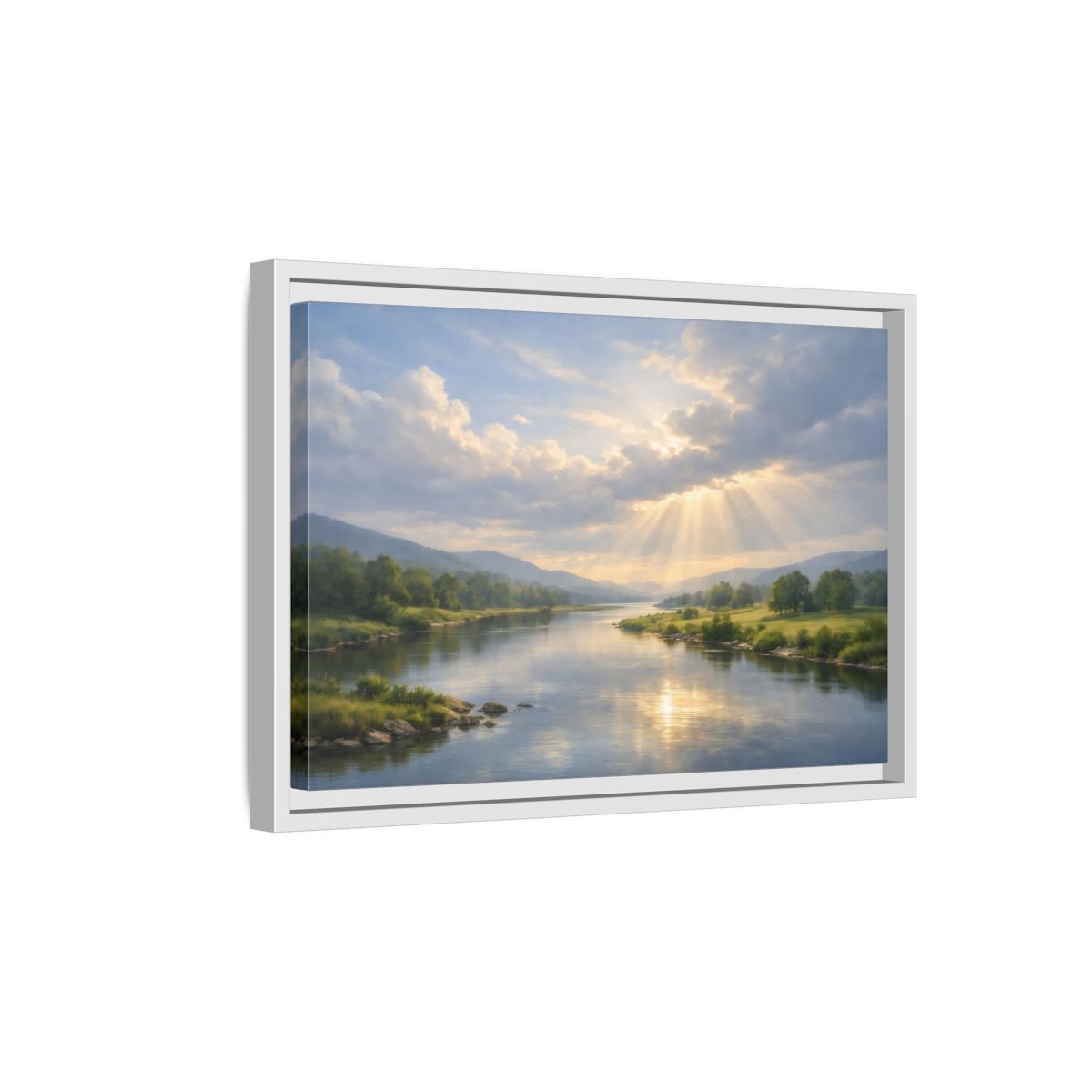 Side Mockup 4. Nature River Valley Blue And Gold Landscape shown as stretched canvas wall art