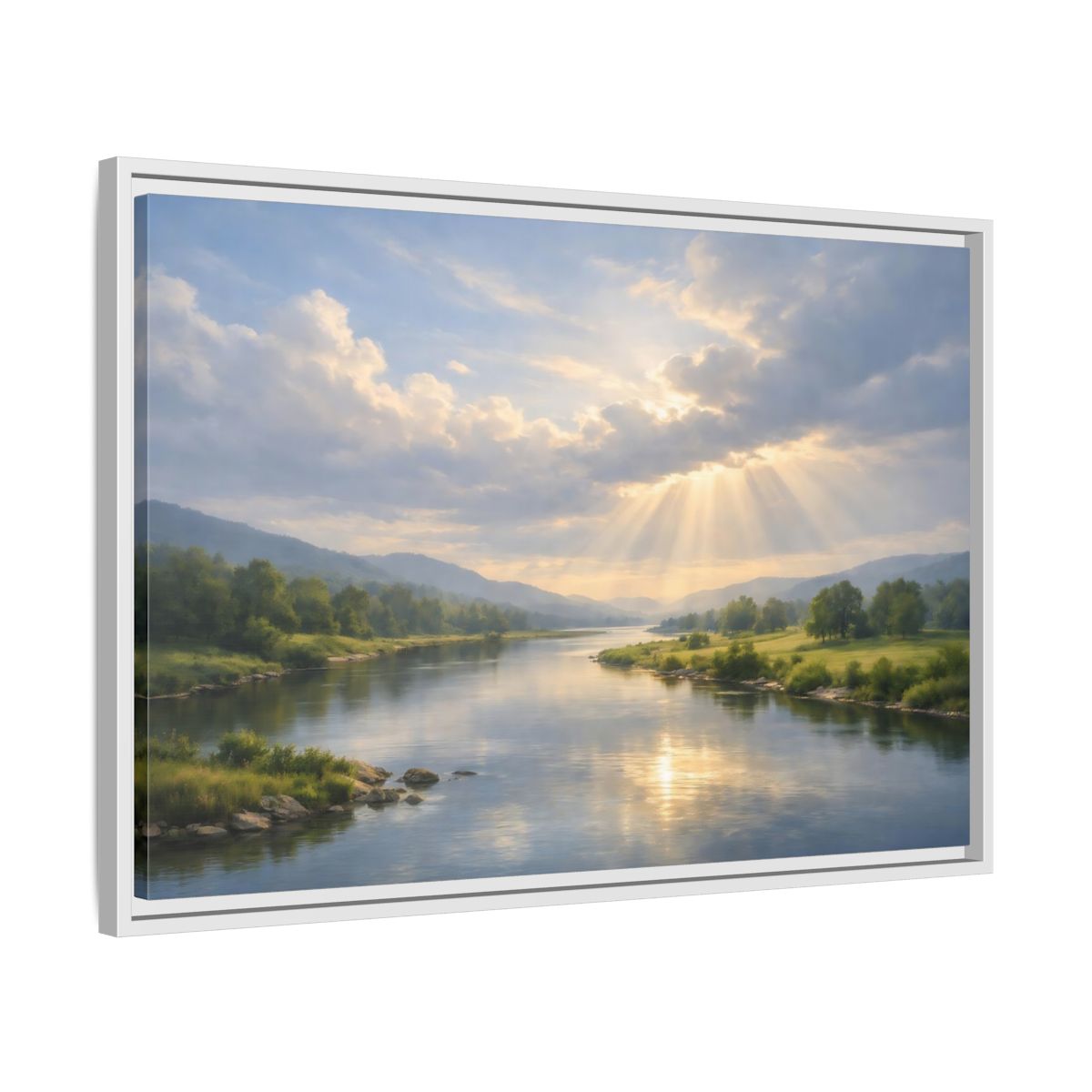Side Mockup 10. Nature River Valley Blue And Gold Landscape shown as stretched canvas wall art