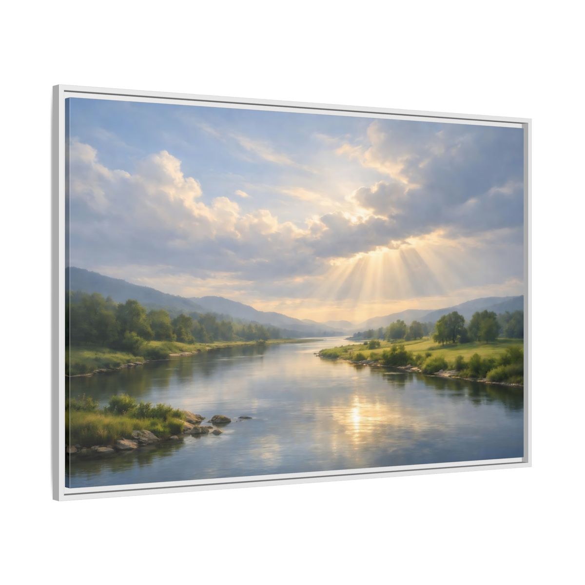 Side Mockup 7. Nature River Valley Blue And Gold Landscape shown as stretched canvas wall art