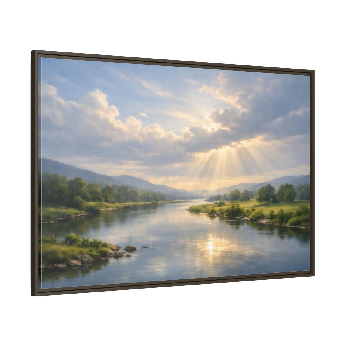 Side Mockup 8. Nature River Valley Blue And Gold Landscape shown as stretched canvas wall art