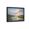 Side Mockup 6. Nature River Valley Blue And Gold Landscape shown as stretched canvas wall art