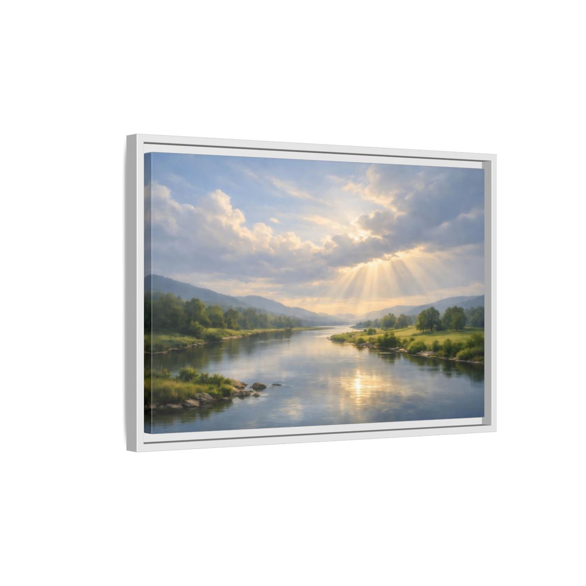 Side Mockup 1. Nature River Valley Blue And Gold Landscape shown as stretched canvas wall art