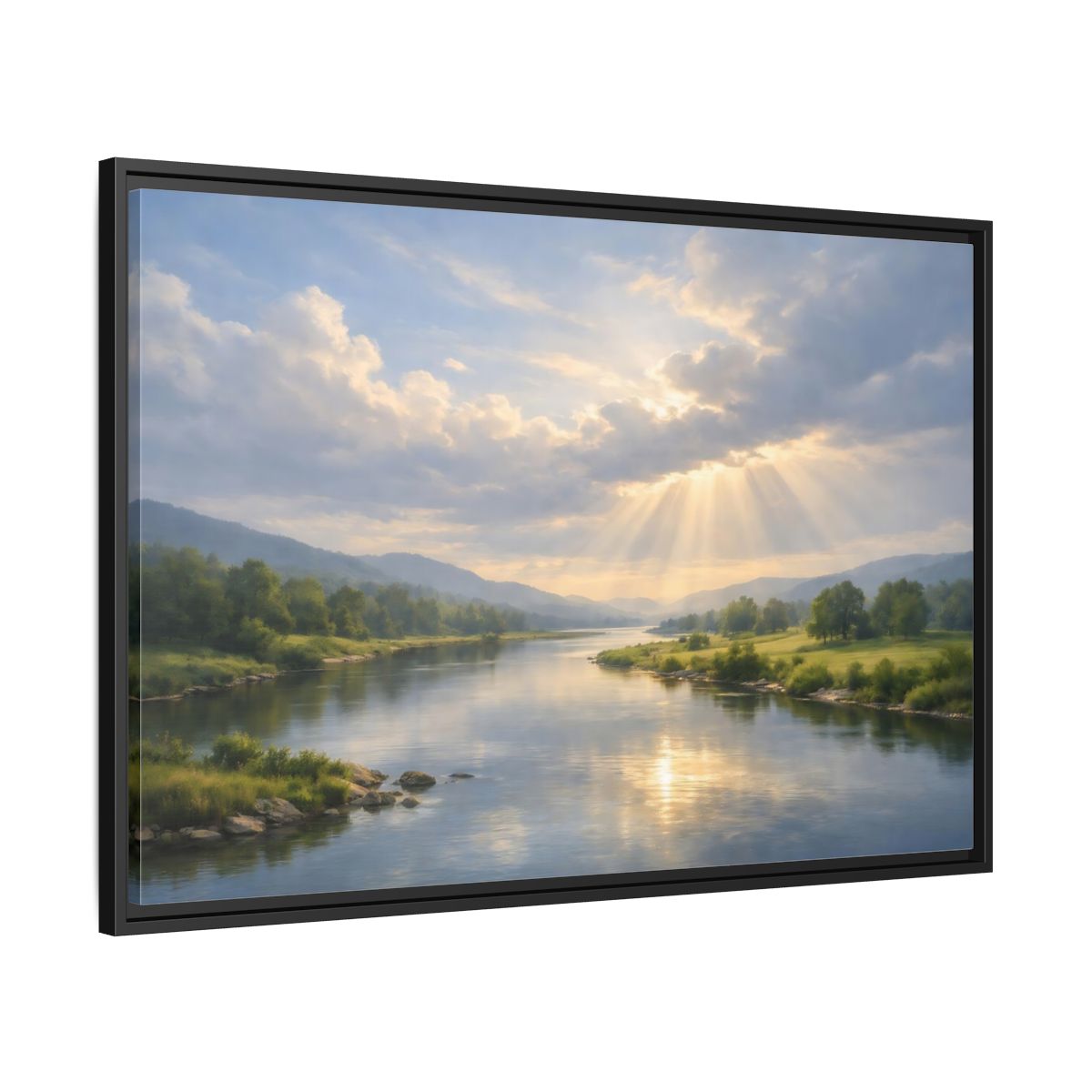 Side Mockup 13. Nature River Valley Blue And Gold Landscape shown as stretched canvas wall art