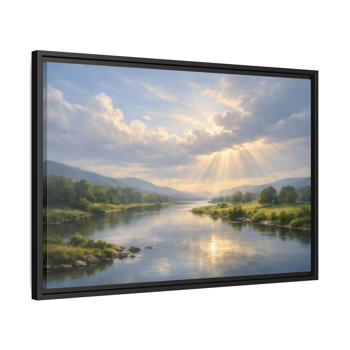 Side Mockup 14. Nature River Valley Blue And Gold Landscape shown as stretched canvas wall art