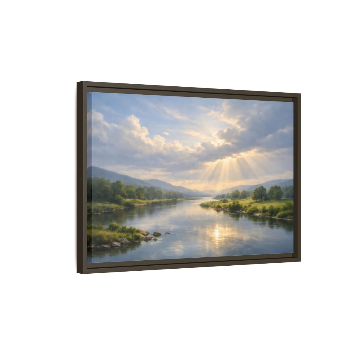 Side Mockup 2. Nature River Valley Blue And Gold Landscape shown as stretched canvas wall art