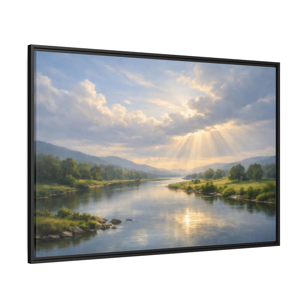 Side Mockup 12. Nature River Valley Blue And Gold Landscape shown as stretched canvas wall art