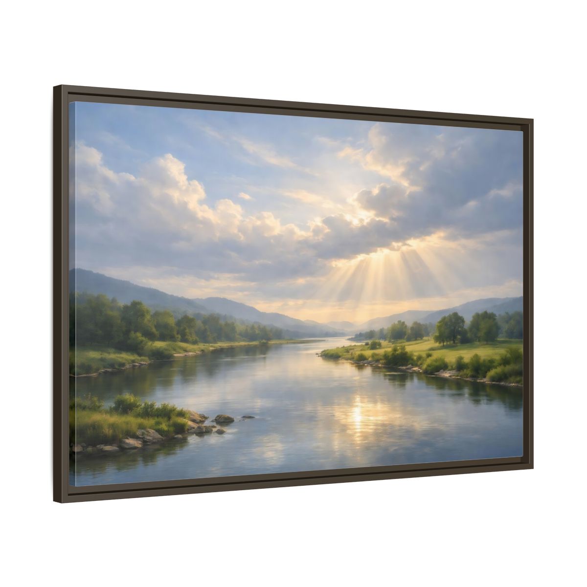 Main Mockup. Nature River Valley Blue And Gold Landscape shown as stretched canvas wall art
