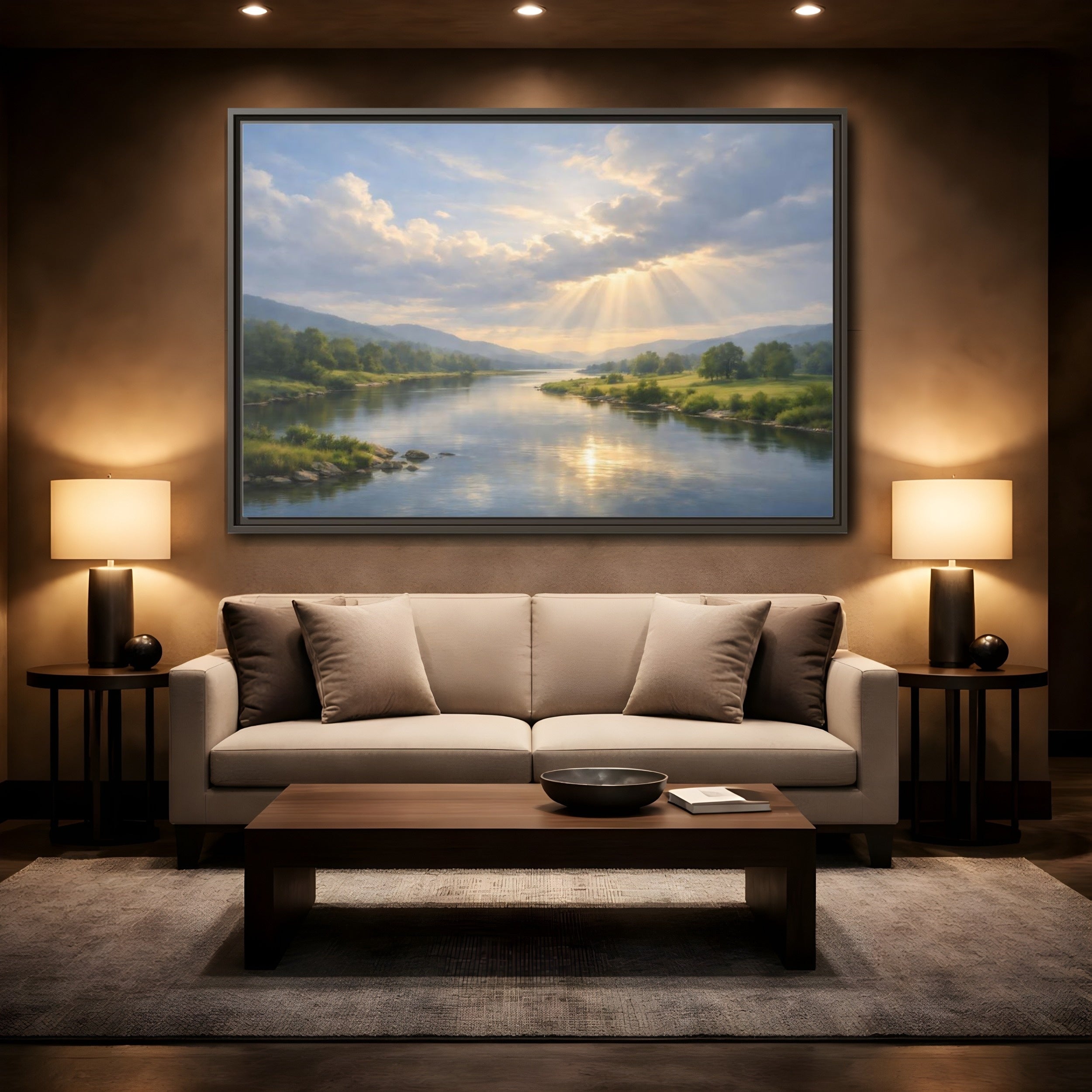 Mockup 2. Nature River Valley Blue And Gold Landscape shown as stretched canvas wall art