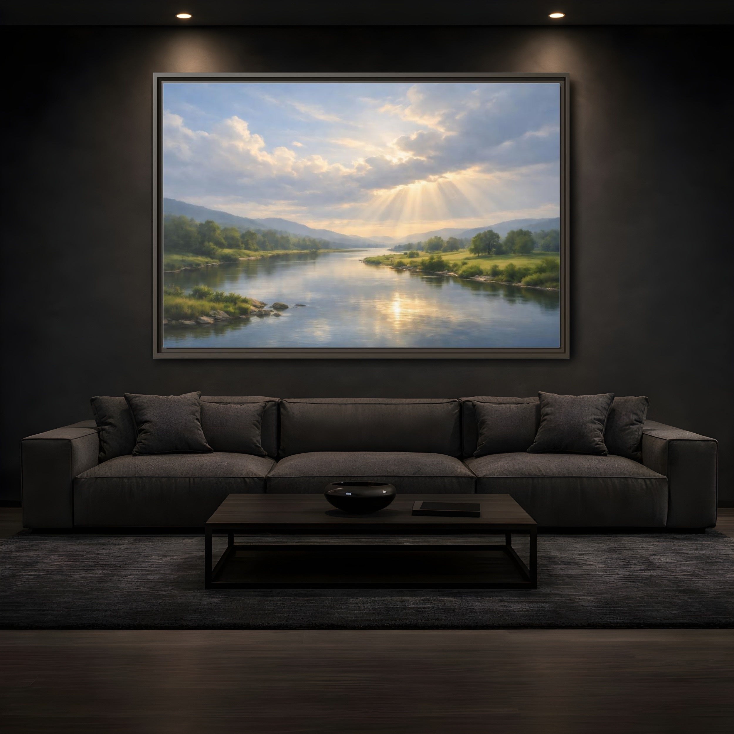 Mockup 3. Nature River Valley Blue And Gold Landscape shown as stretched canvas wall art