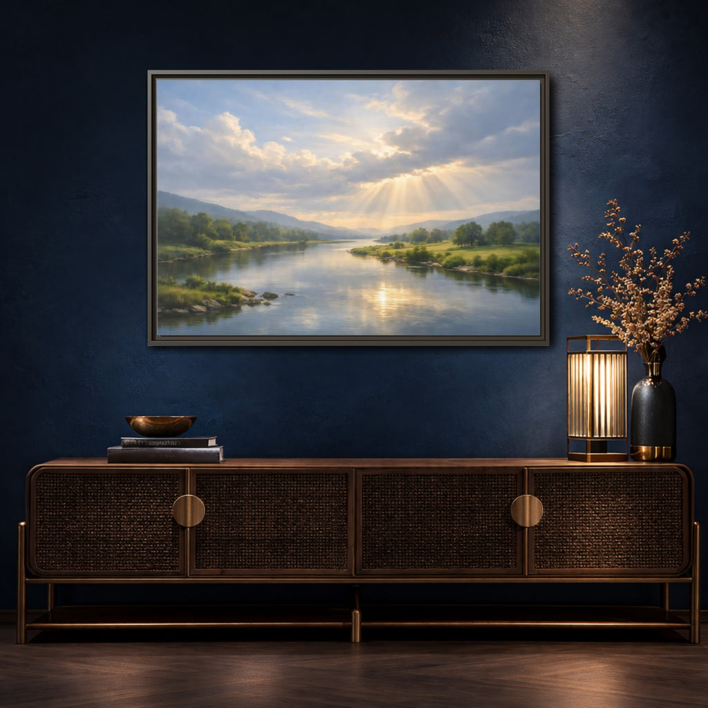 Mockup 4. Nature River Valley Blue And Gold Landscape shown as stretched canvas wall art