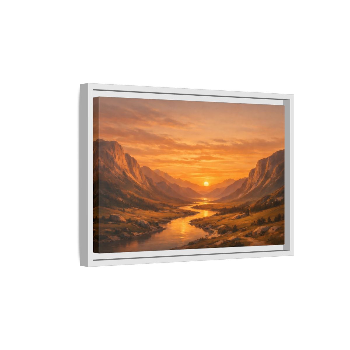 Side Mockup 4. Nature River Valley Golden Valley Sunset shown as stretched canvas wall art