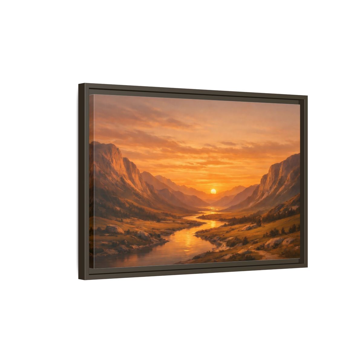 Side Mockup 2. Nature River Valley Golden Valley Sunset shown as stretched canvas wall art