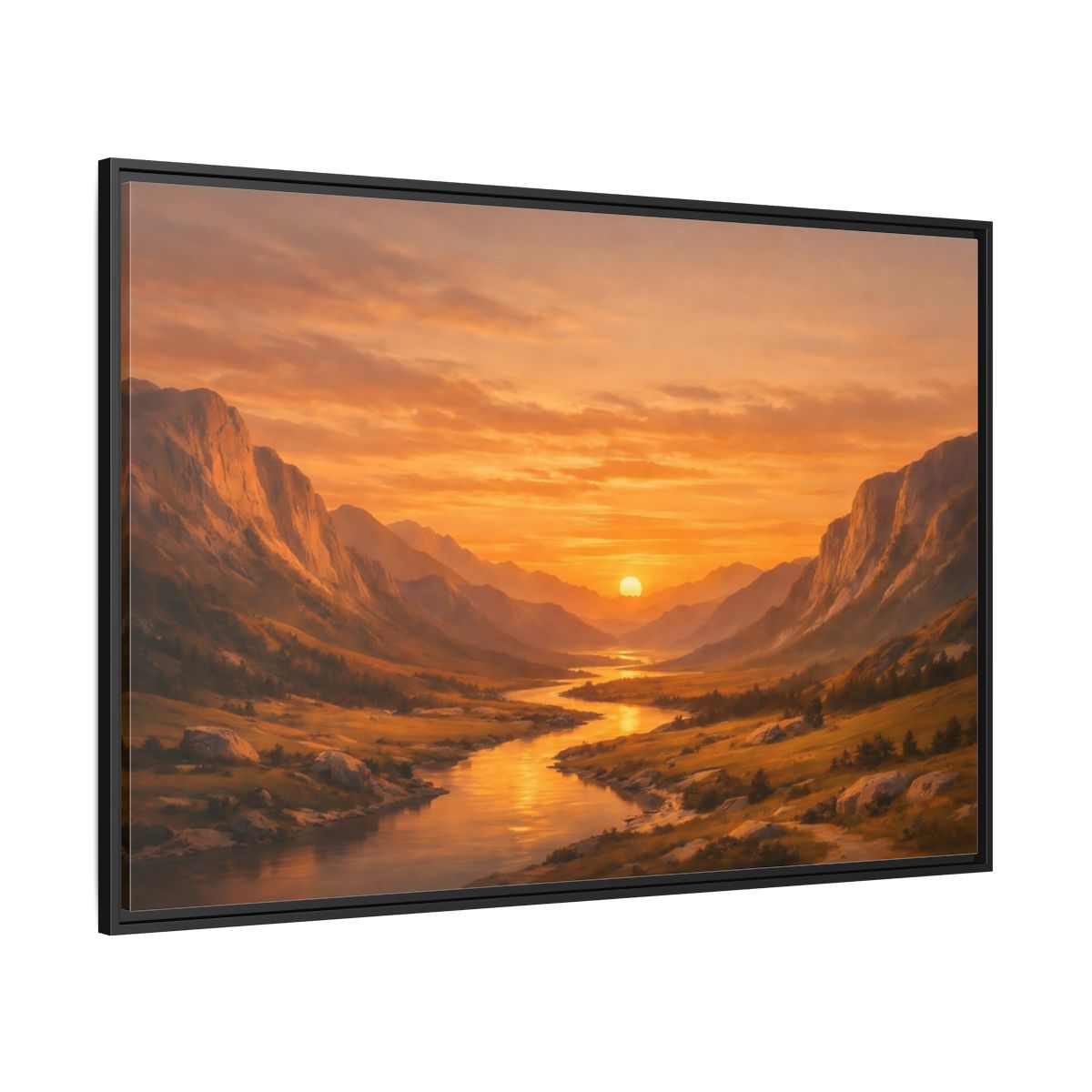 Side Mockup 12. Nature River Valley Golden Valley Sunset shown as stretched canvas wall art