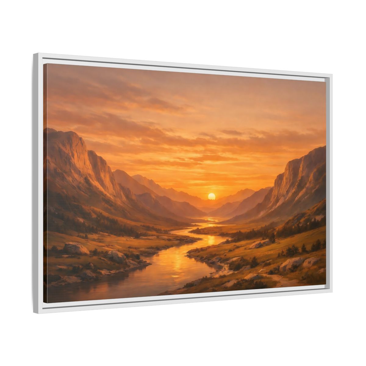 Side Mockup 9. Nature River Valley Golden Valley Sunset shown as stretched canvas wall art