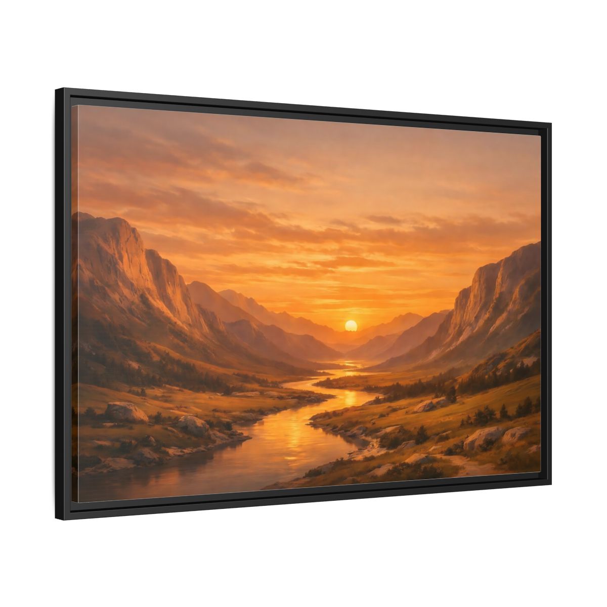 Side Mockup 13. Nature River Valley Golden Valley Sunset shown as stretched canvas wall art