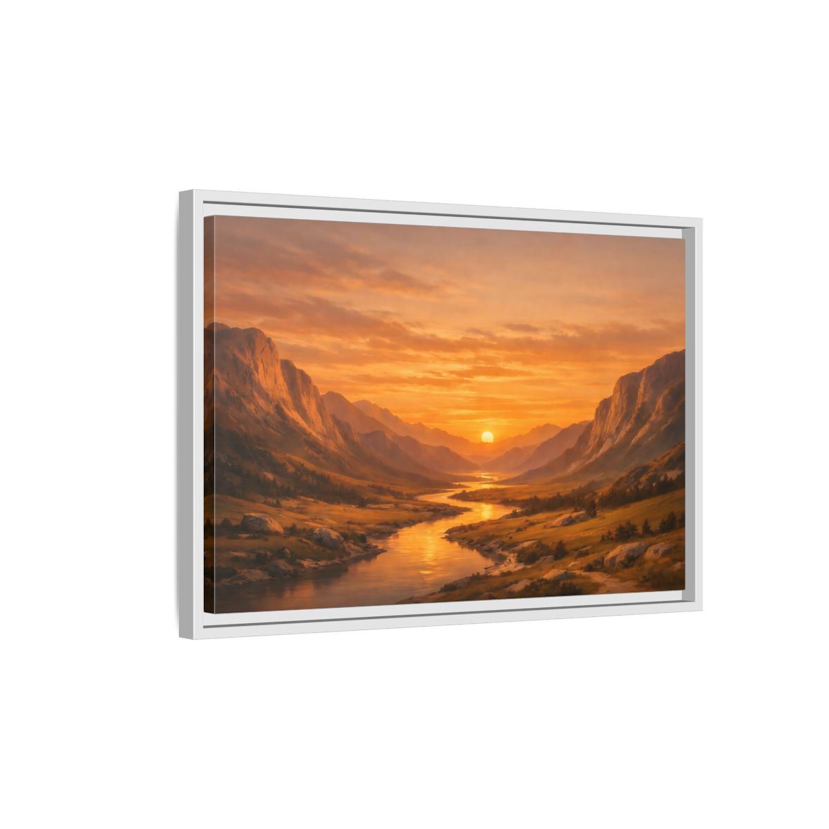Side Mockup 1. Nature River Valley Golden Valley Sunset shown as stretched canvas wall art