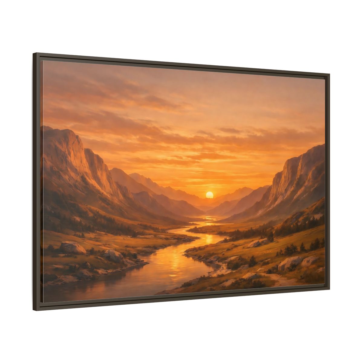 Side Mockup 8. Nature River Valley Golden Valley Sunset shown as stretched canvas wall art