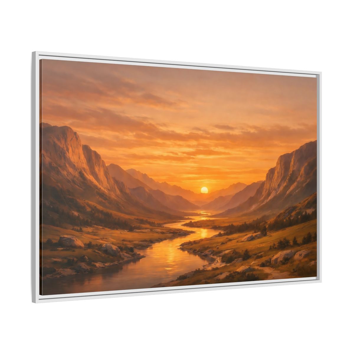 Side Mockup 7. Nature River Valley Golden Valley Sunset shown as stretched canvas wall art