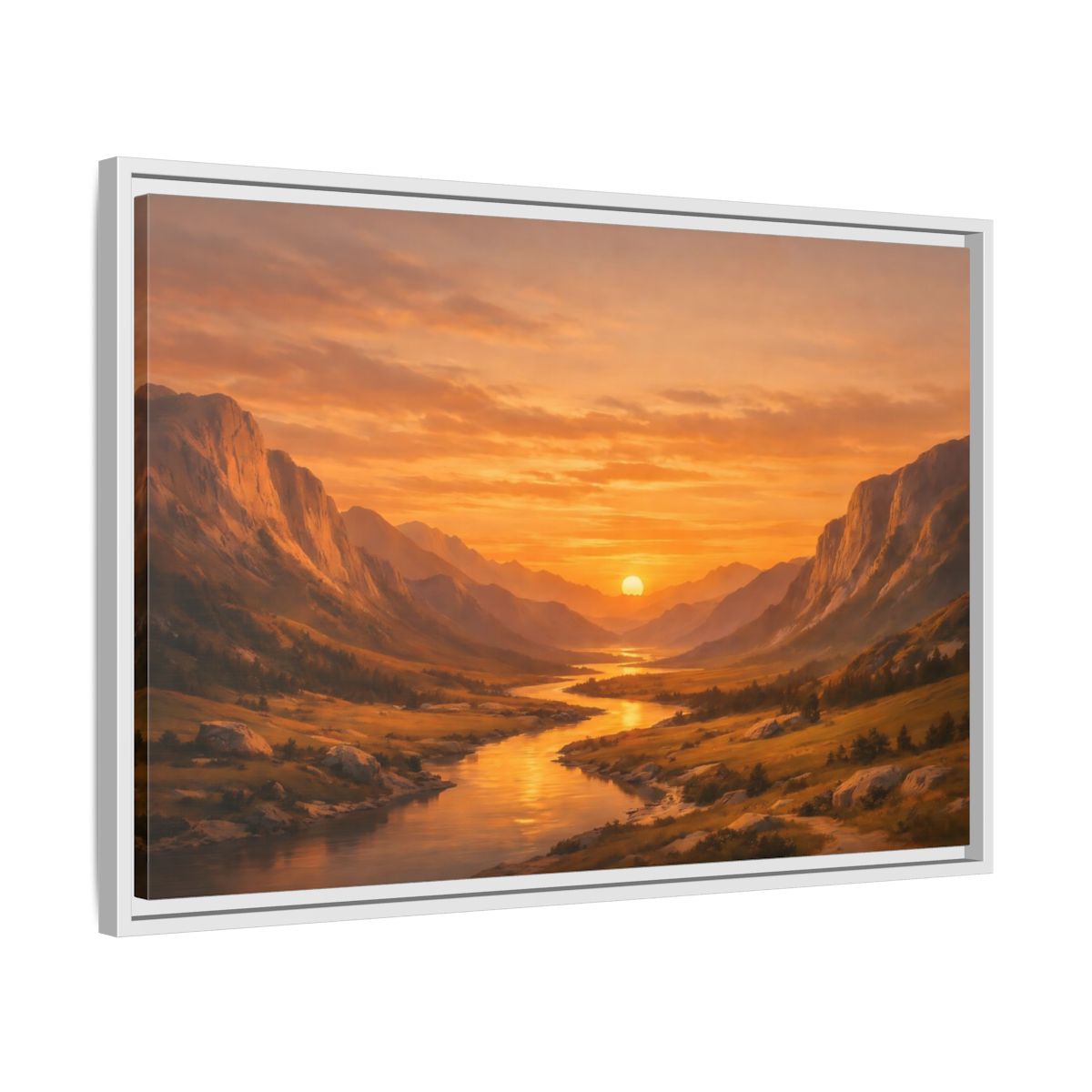 Side Mockup 10. Nature River Valley Golden Valley Sunset shown as stretched canvas wall art