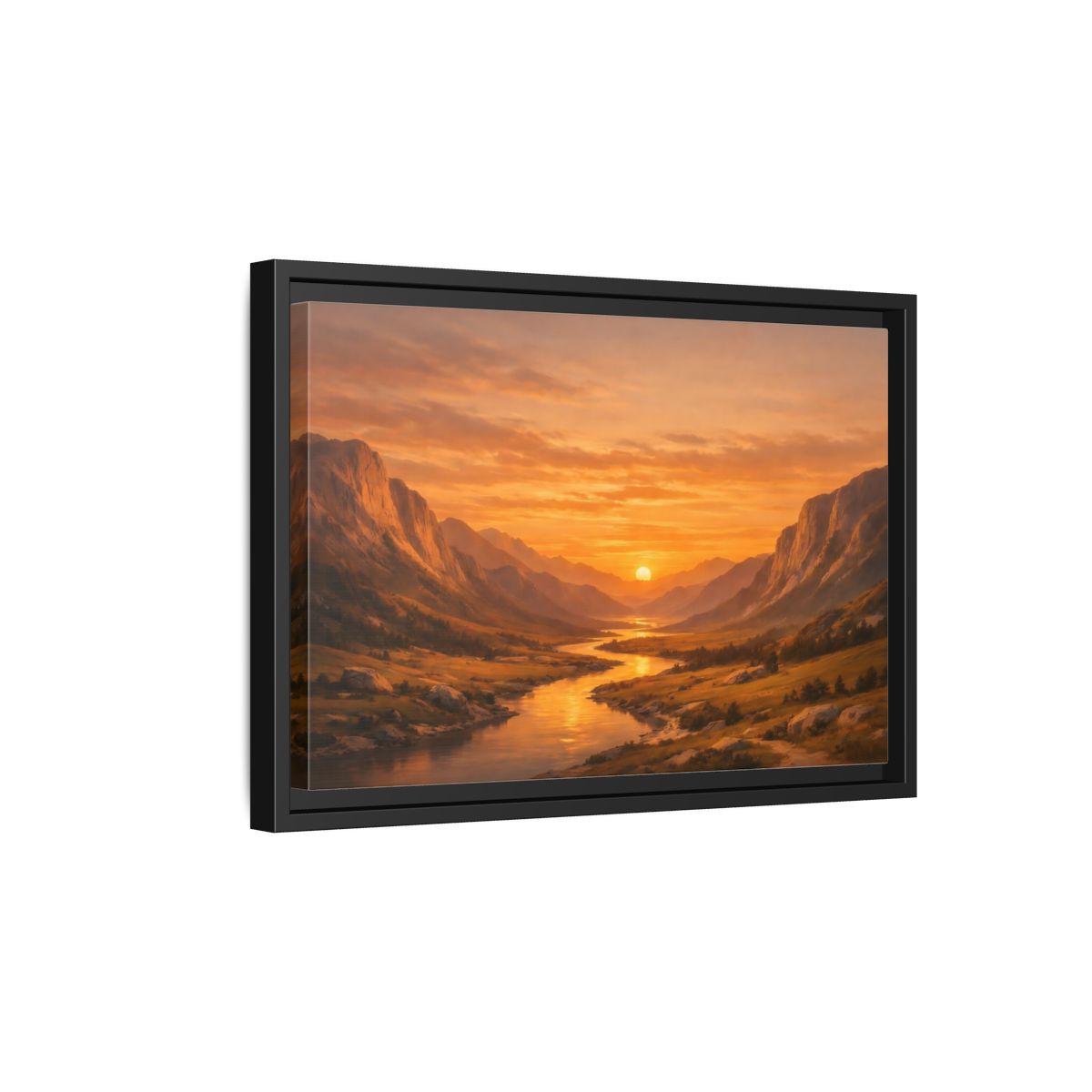 Side Mockup 6. Nature River Valley Golden Valley Sunset shown as stretched canvas wall art