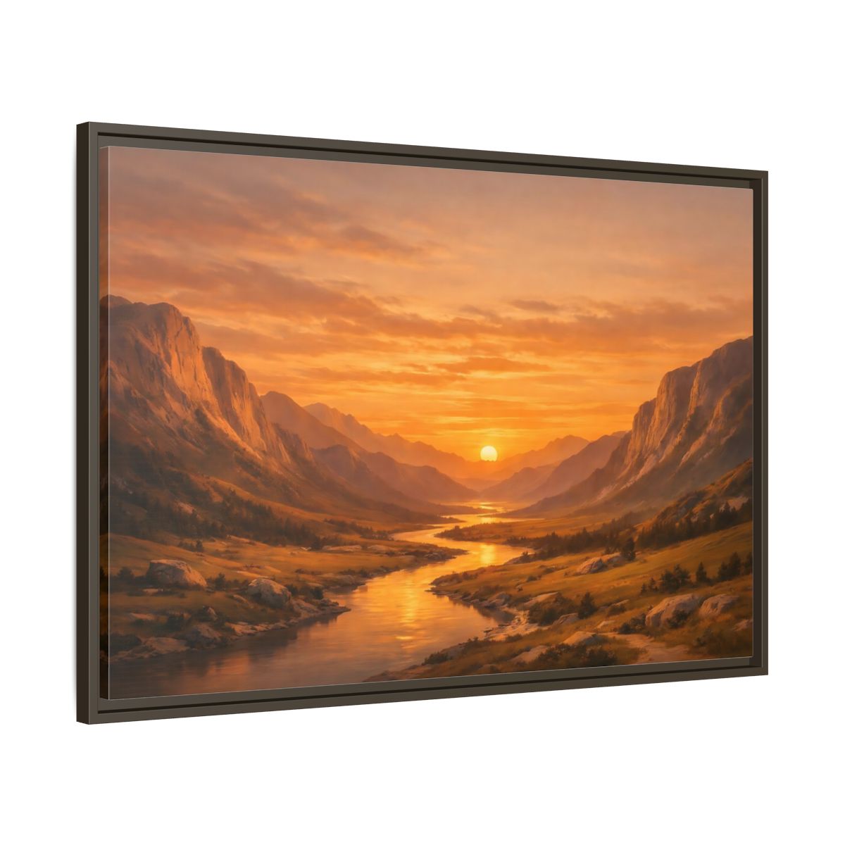 Main Mockup. Nature River Valley Golden Valley Sunset shown as stretched canvas wall art