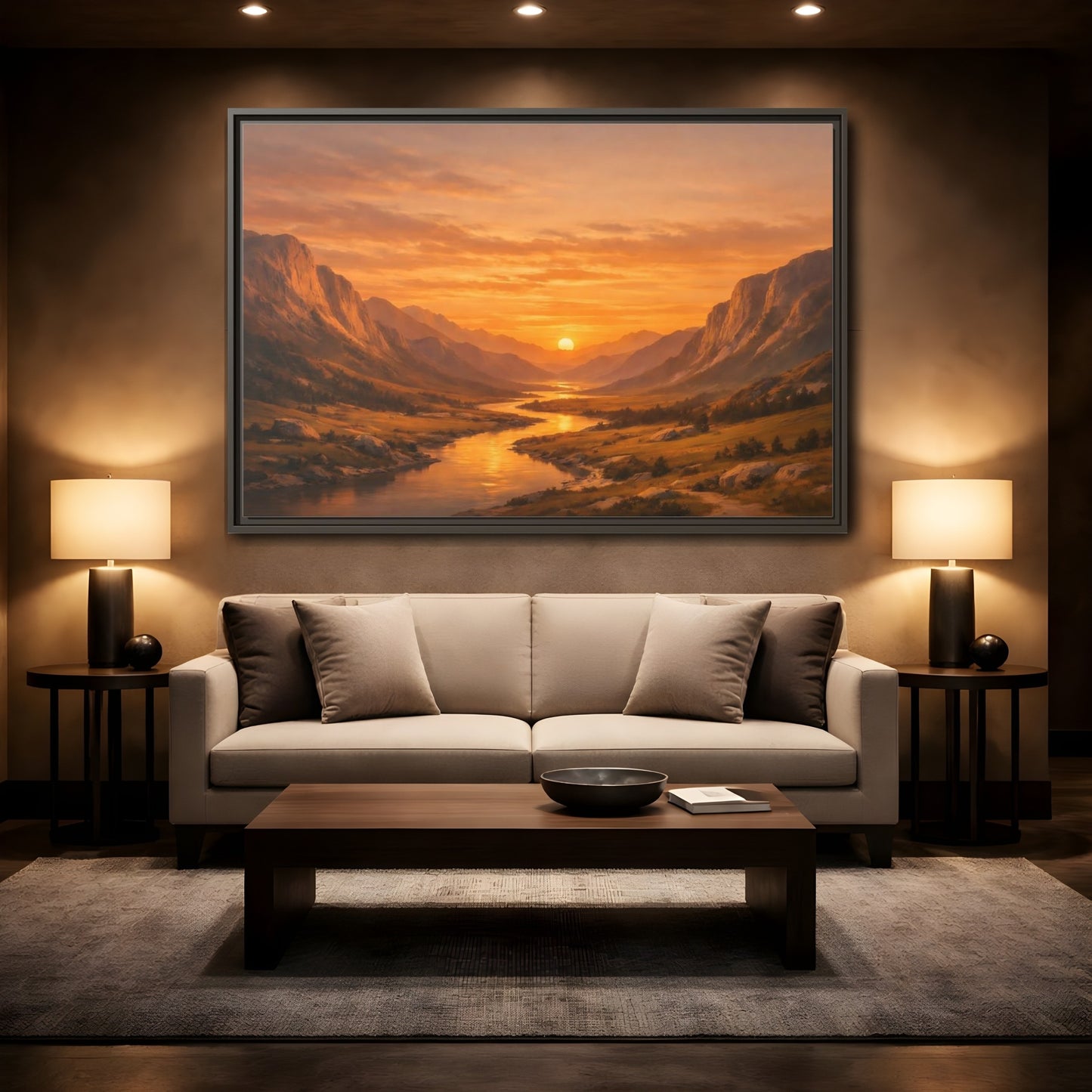 Mockup 2. Nature River Valley Golden Valley Sunset shown as stretched canvas wall art